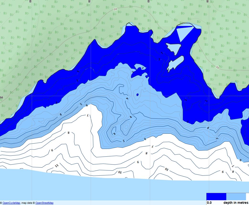 Sjökort presenterat med mörkblå 0-3 meter och ljusblå 3-6 meter som i de gamla sjökorten. Kan anpassas efter kundens önskemål